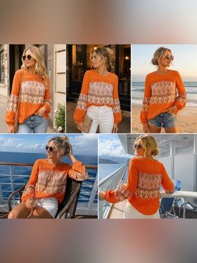 Maeve Orange Floral Panel Boho Puff-Sleeve Blouse